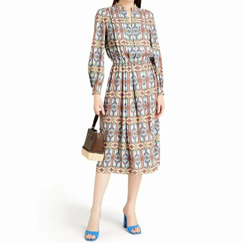 Tory Burch Garden Maze Geometric Print Pleated Shirt Dress